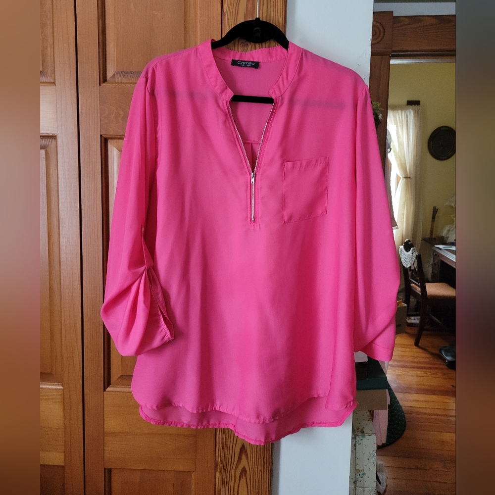 Camisa Hot Pink Semi Sheer Flowy Women's Top Blouse 3XL